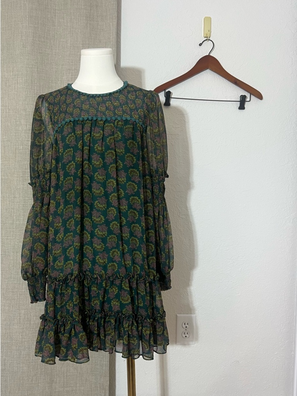 Prairie Boho Chic Anthropologie Allison New York Green Tiered Short Dress Small‎
